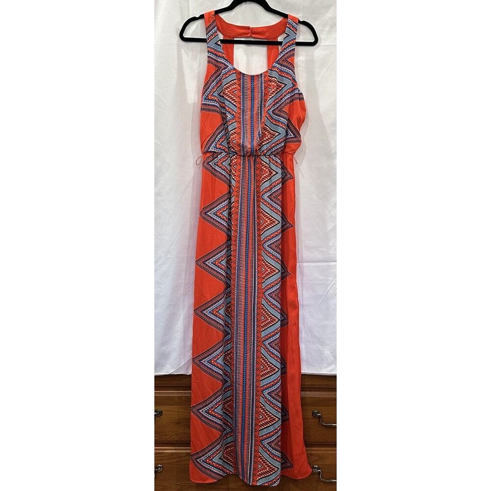 Luxology Tropical Belted Maxi Dress V Neck Women Size M Red Bohemian - Picture 3 of 16